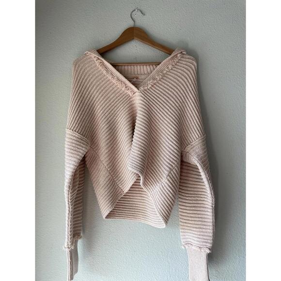 Free People Long Sleeve V-Neck Collar Sweater Marlie Pullover Ribbed Pink Small - Picture 2 of 8